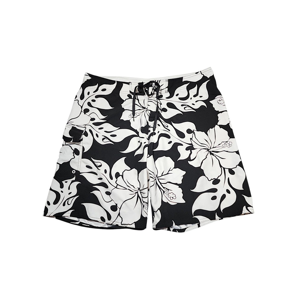 Quicksilver Board Shorts 40 x10 Men 22" Black White Hawaiian Hibiscus Swim Surf